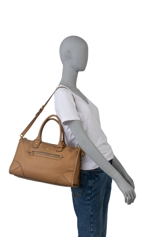 PRADA VITELLO DOUBLE ZIP SATCHEL BEIGE