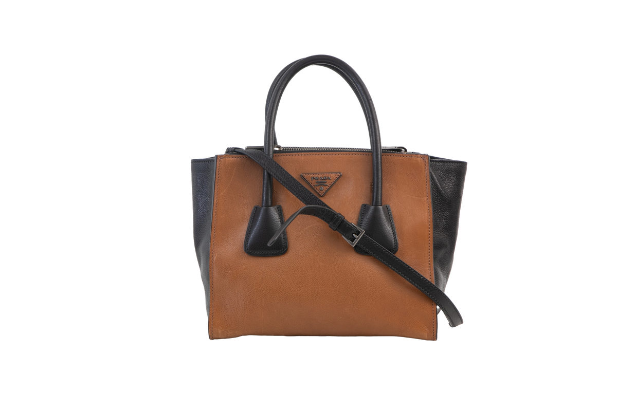 PRADA 2-WAY GLACE TOTE COFFEE & BLACK