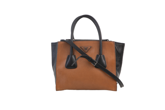 PRADA 2-WAY GLACE TOTE COFFEE & BLACK