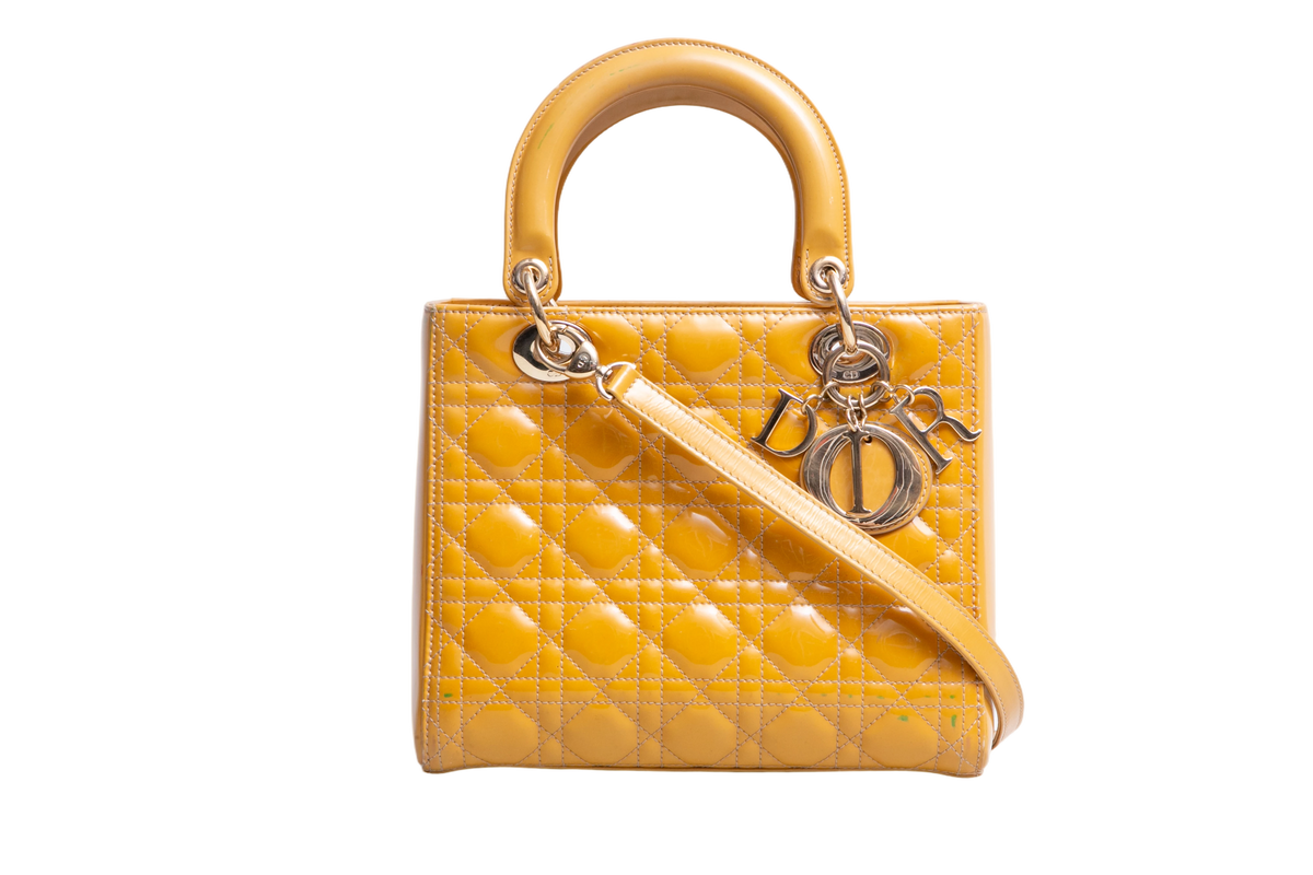 DIOR LADY DIOR CANNAGE MEDIUM PATENT MUSTARD