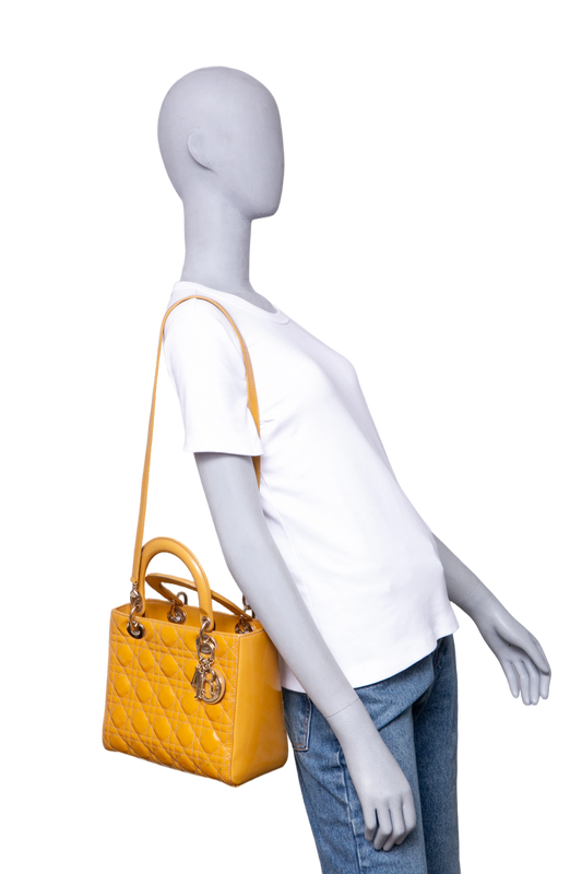 DIOR LADY DIOR CANNAGE MEDIUM PATENT MUSTARD