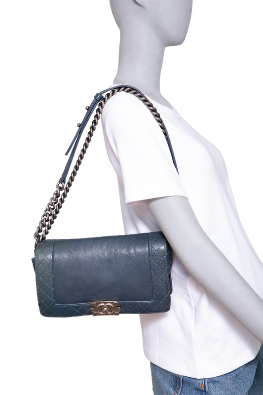 CHANEL BOY SHOULDER BAG LAMBSKIN BLUE