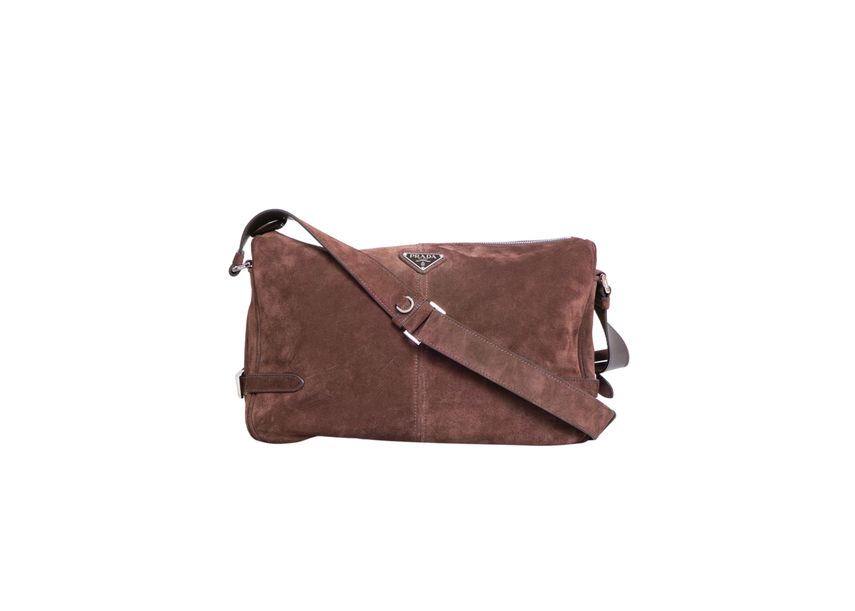 PRADA SUEDE SHOULDER BAG DARK BROWN