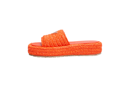 PRADA SANDAL FLAT PLATFORM IN RAFFIA ORANGE
