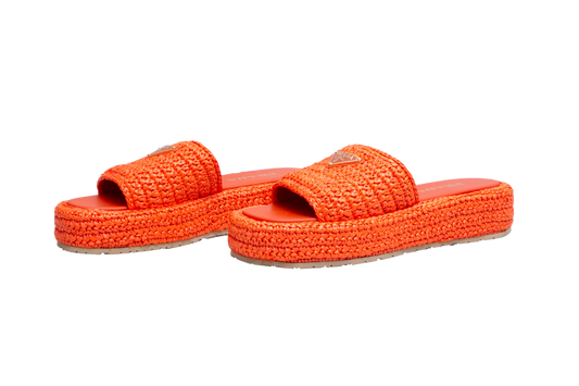 PRADA SANDAL FLAT PLATFORM IN RAFFIA ORANGE