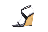 YSL SALOMÉ 110 CRÊPE SATIN WEDGE SANDALS BLACK/GOLD
