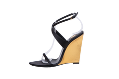 YSL SALOMÉ 110 CRÊPE SATIN WEDGE SANDALS BLACK/GOLD
