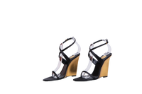 YSL SALOMÉ 110 CRÊPE SATIN WEDGE SANDALS BLACK/GOLD