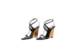 YSL SALOMÉ 110 CRÊPE SATIN WEDGE SANDALS BLACK/GOLD