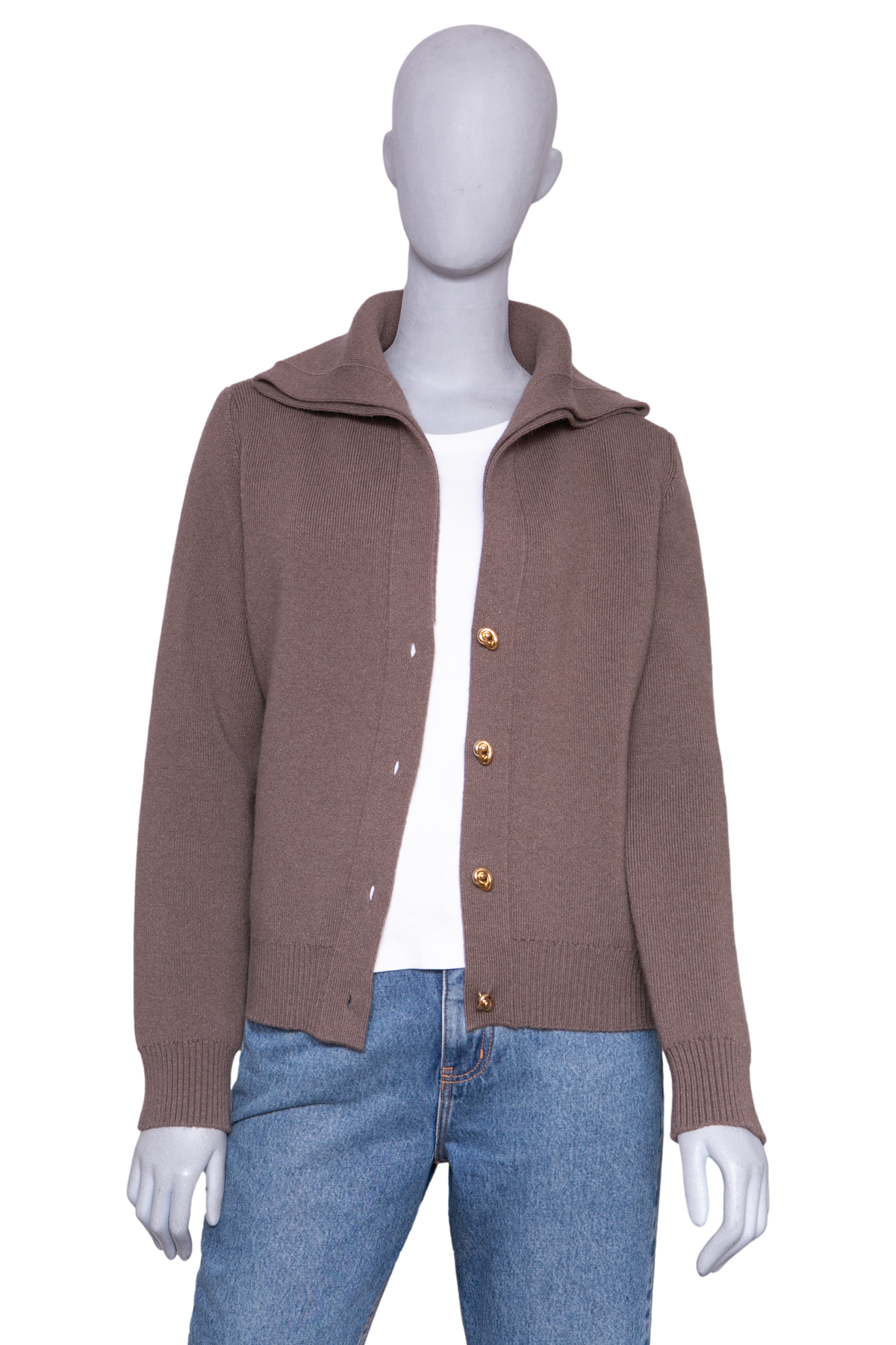 BOTTEGA VENETA BROWN COMPACT WOOL CARDIGAN GOLD HDWR