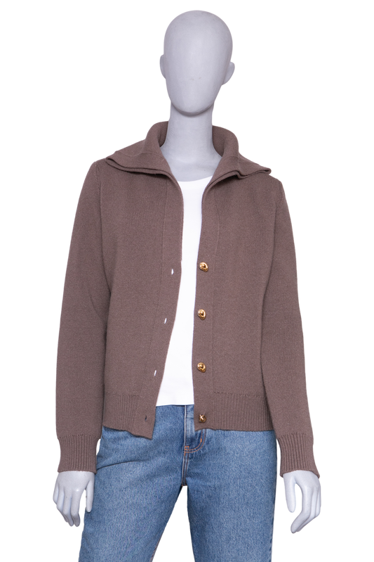BOTTEGA VENETA BROWN COMPACT WOOL CARDIGAN GOLD HDWR