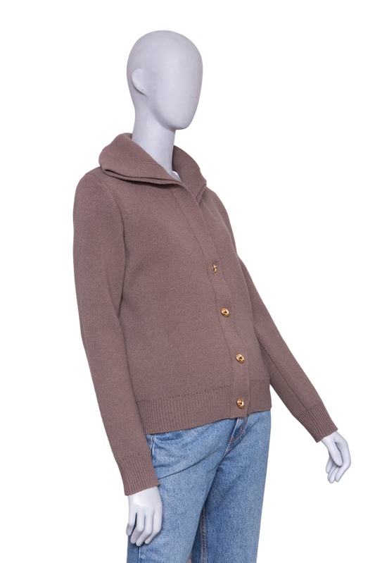BOTTEGA VENETA BROWN COMPACT WOOL CARDIGAN GOLD HDWR
