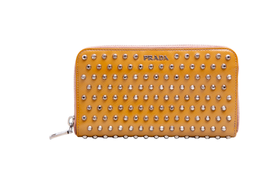 PRADA WALLET CONTINENTAL STUDDED ZIP AROUND CAMEL