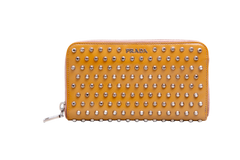 PRADA WALLET CONTINENTAL STUDDED ZIP AROUND CAMEL