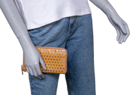 PRADA WALLET CONTINENTAL STUDDED ZIP AROUND CAMEL