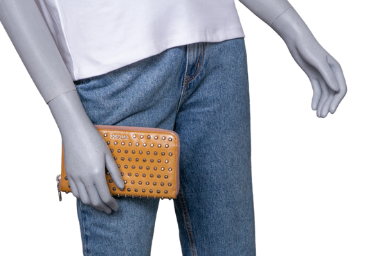 PRADA WALLET CONTINENTAL STUDDED ZIP AROUND CAMEL