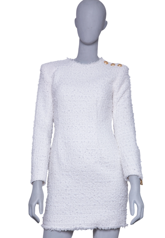 BALMAIN DRESS TWEED WHITE LONG SLEEVE