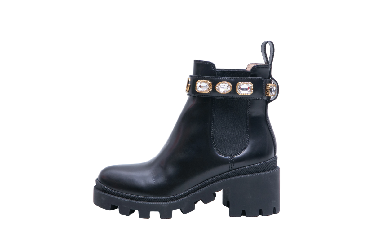 GUCCI ANKLE BOOTS DOUBLE G CRYSTAL EMBELLISHED BLACK - 33 BR