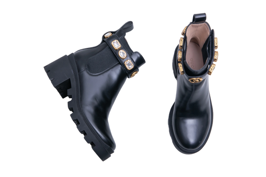 GUCCI ANKLE BOOTS DOUBLE G CRYSTAL EMBELLISHED BLACK - 33 BR