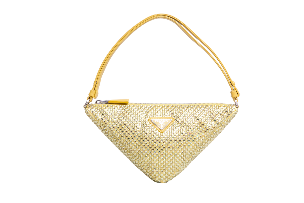 PRADA TRIANGLE YELLOW SATIN RHINESTONE STUDDED