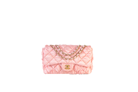 CHANEL SATIN QUILTED PLEATED FLAP L PINK