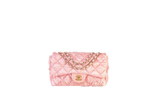 CHANEL SATIN QUILTED PLEATED FLAP L PINK