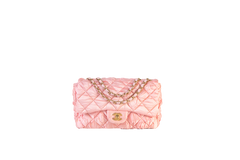 CHANEL SATIN QUILTED PLEATED FLAP L PINK