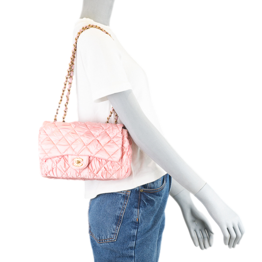 CHANEL SATIN QUILTED PLEATED FLAP L PINK